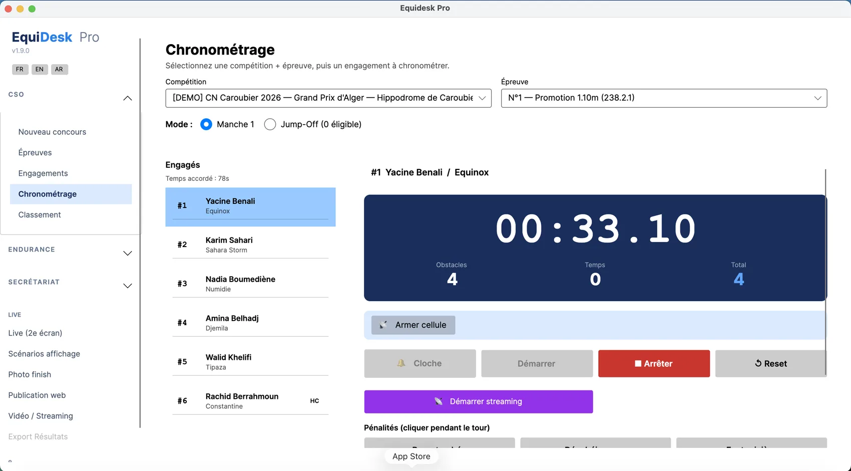 Écran Chronométrage d'Equidesk Pro — chrono en piste, engagés, pénalités, classement live